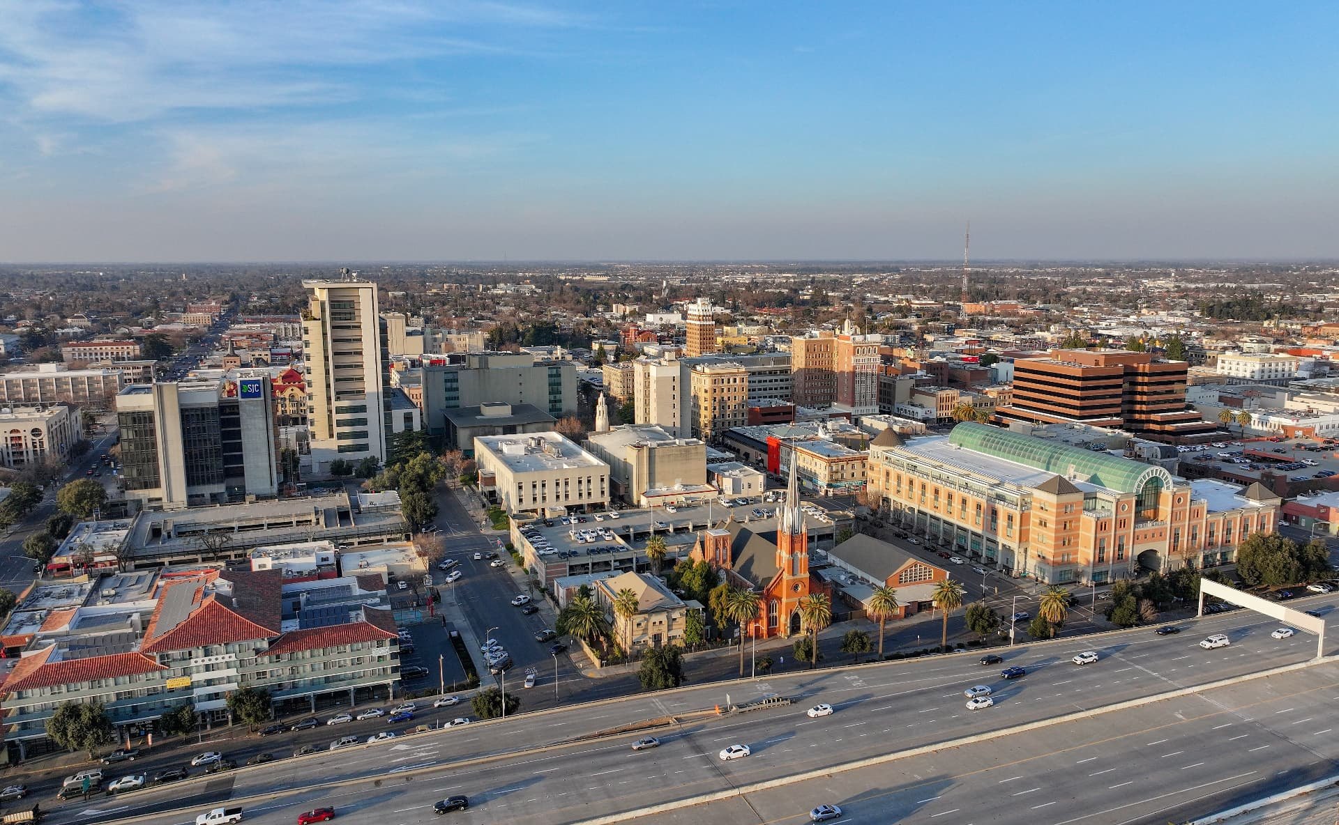 Downtown Stockton streetscape at dawn